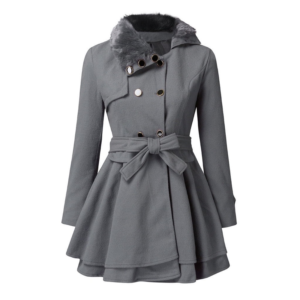 Flex Supply, Pea Coat Women's grey, Faux Fur Collar Belted Button, small